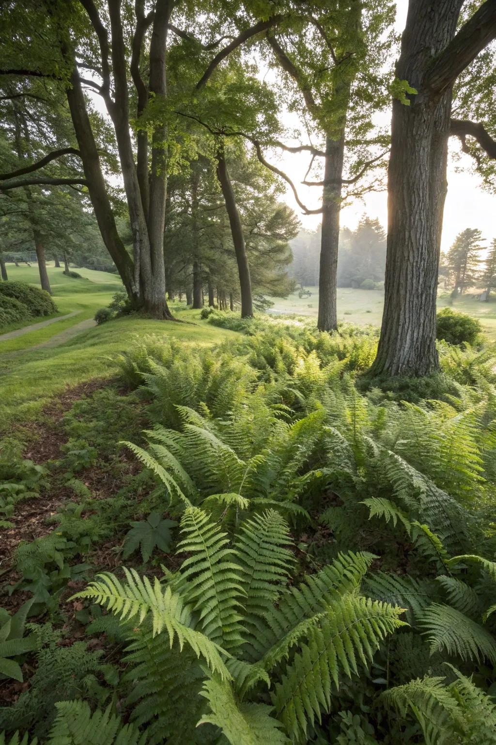 Shaded spaces benefit from fern landscapes by adding softness and greenery.