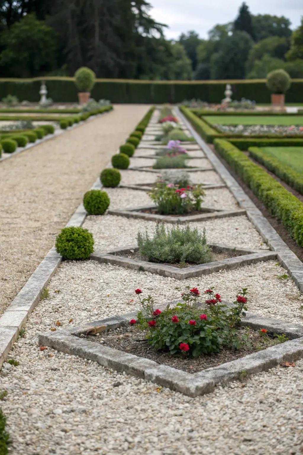 A symmetrical and balanced pebble flower bed design