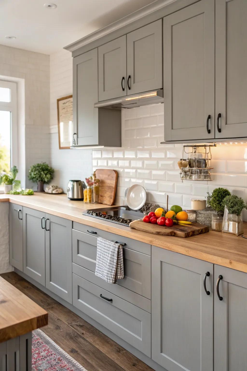 Timber block worktops add warmth to gray cabinets in this kitchen.