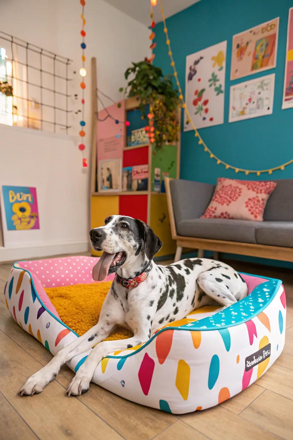 Themed beds afford a playful and personalized space for your Great Dane.