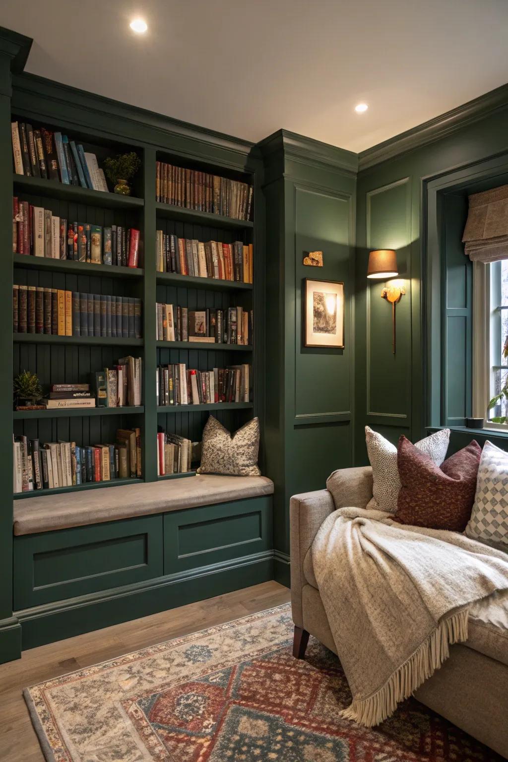 Dark green walls bring that feeling of sophistication.