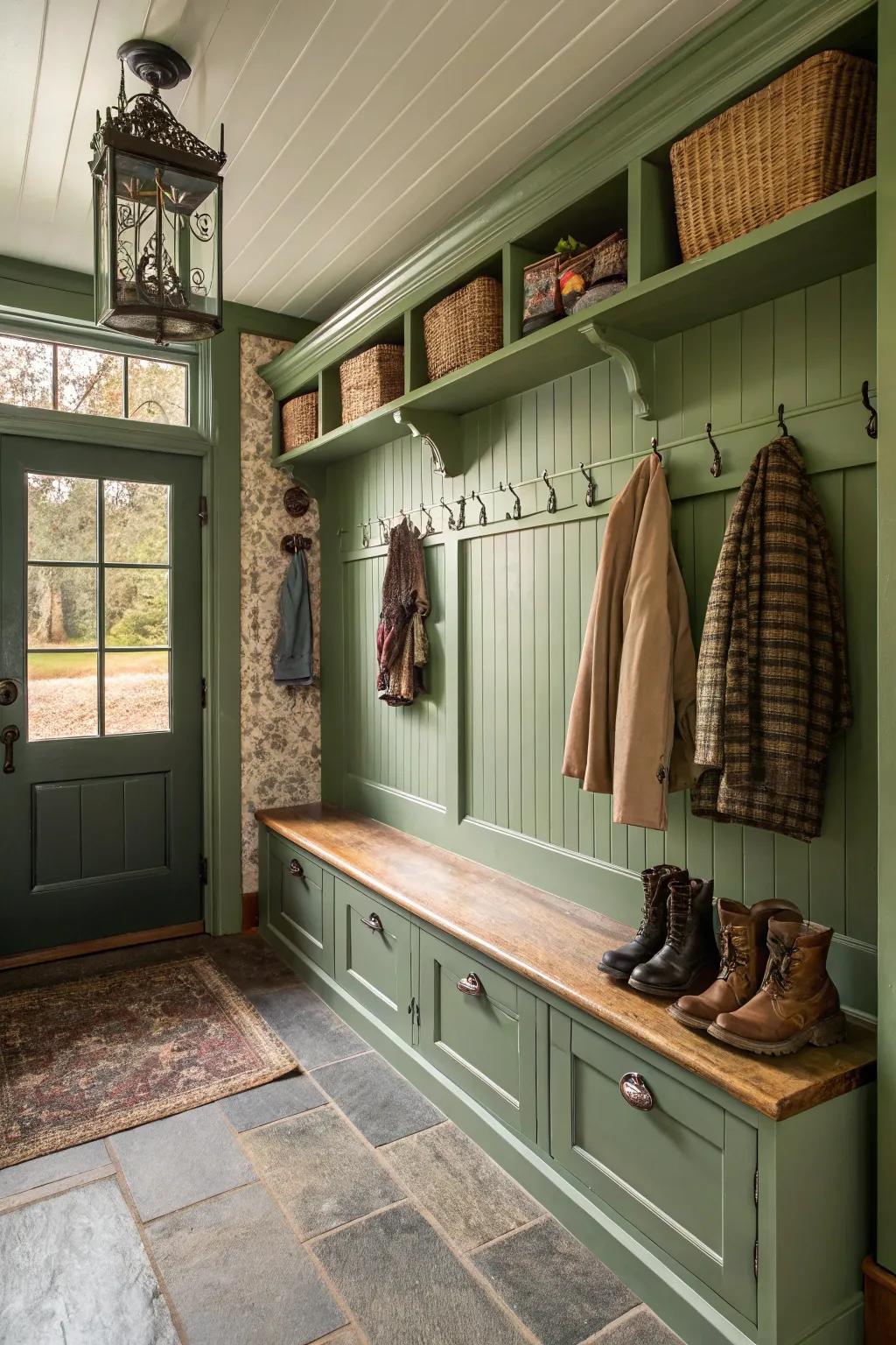 A nostalgic mudroom with practical charm.
