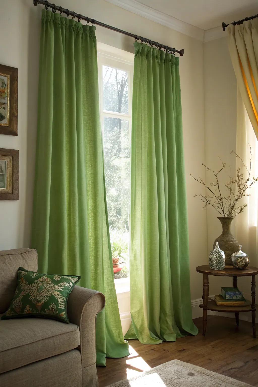 A room transformed through verdant window coverings.
