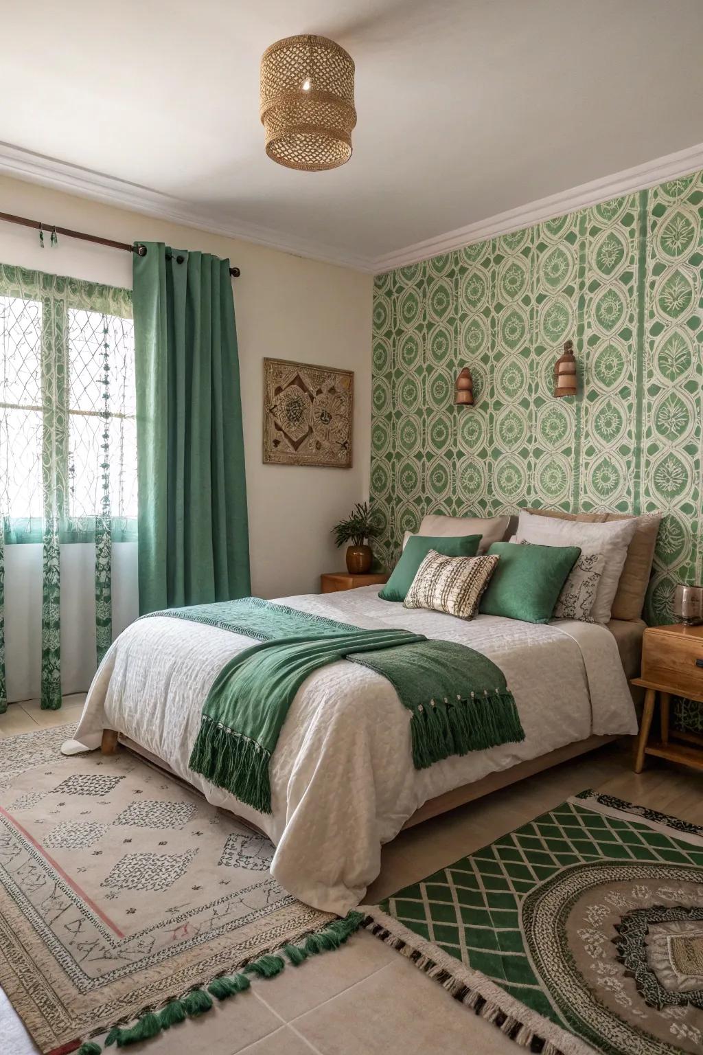 A chic bedroom displaying verdant motifs and weaves that create visual curiosity.