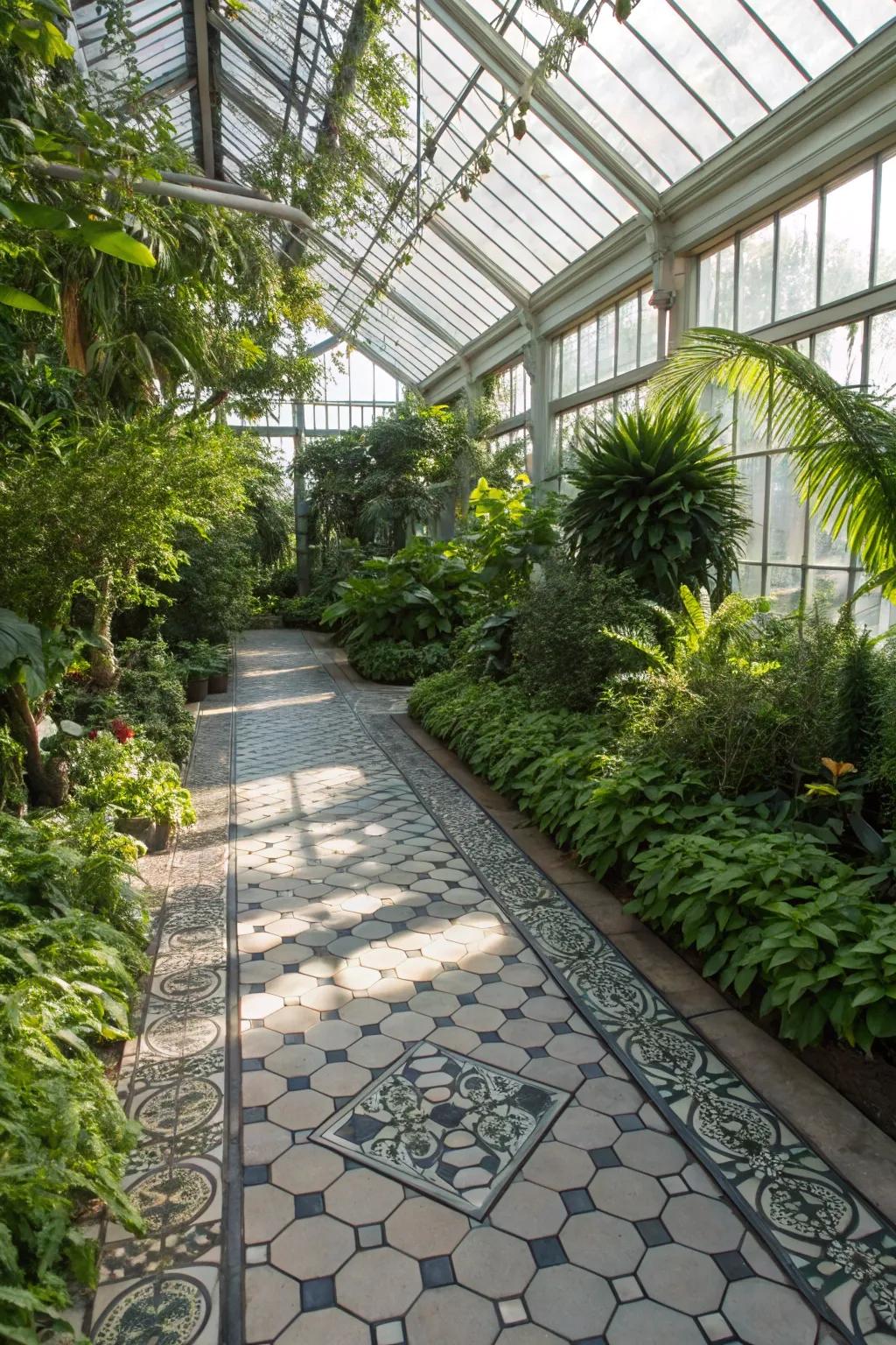 Mineral tiles offer a rustic and refined greenhouse floor.