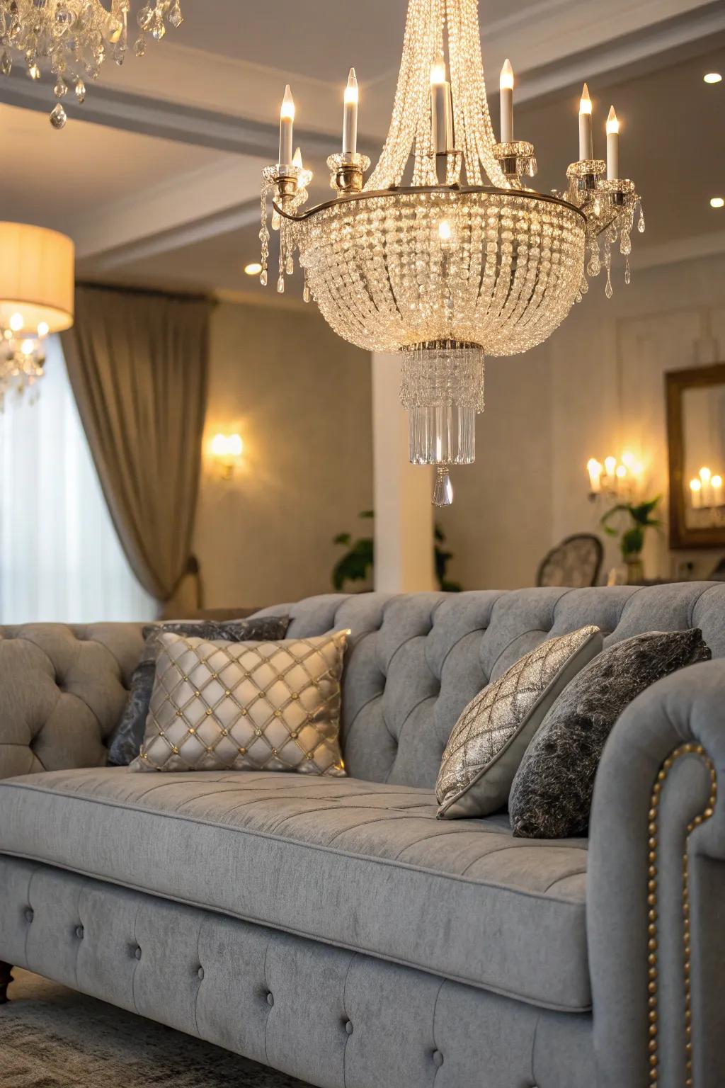 Glamorous accents elevate the elegance of a charcoal sofa.