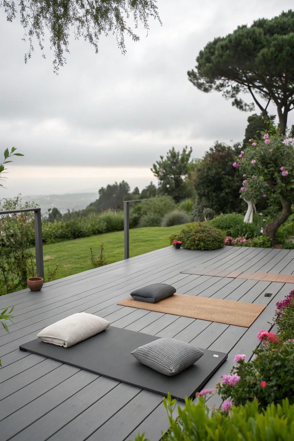 A serene yoga space on a tranquil grey patio.