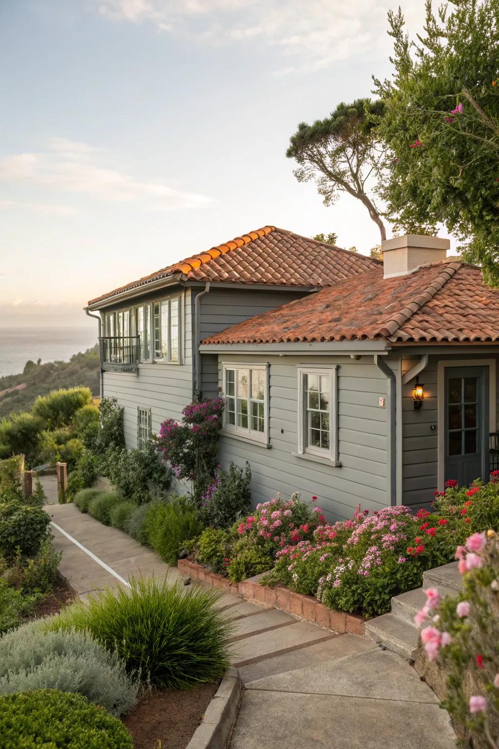 A clay roof adds a Mediterranean flair to grey exteriors.