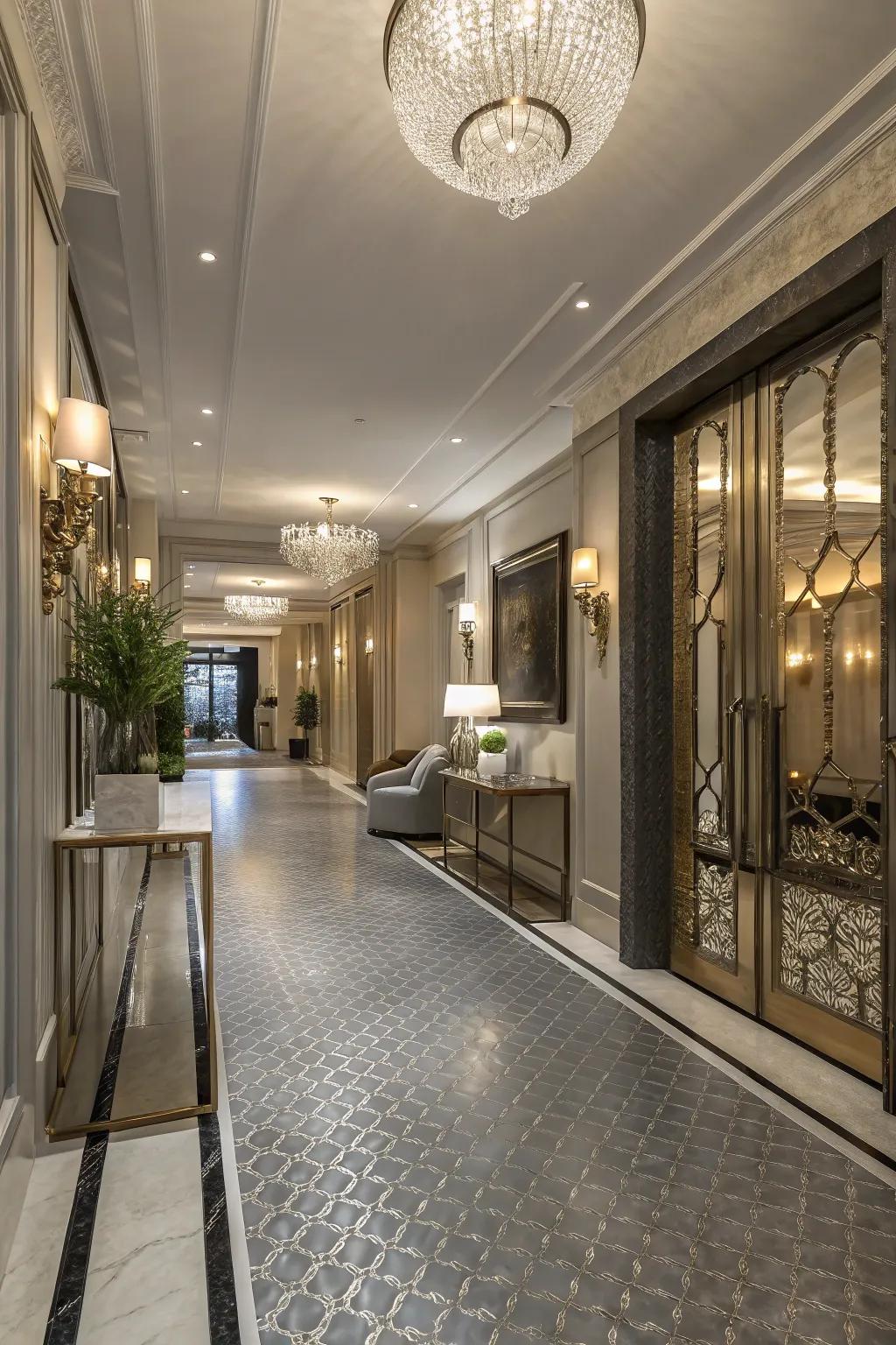 Greyish metallic flooring injects a trace of glam into this opulent entranceway.