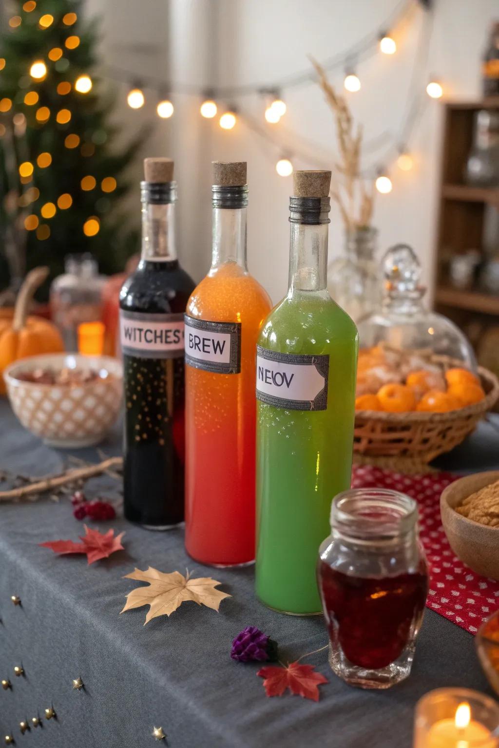 Potion bottle drinks add a magical touch to the refreshment table.