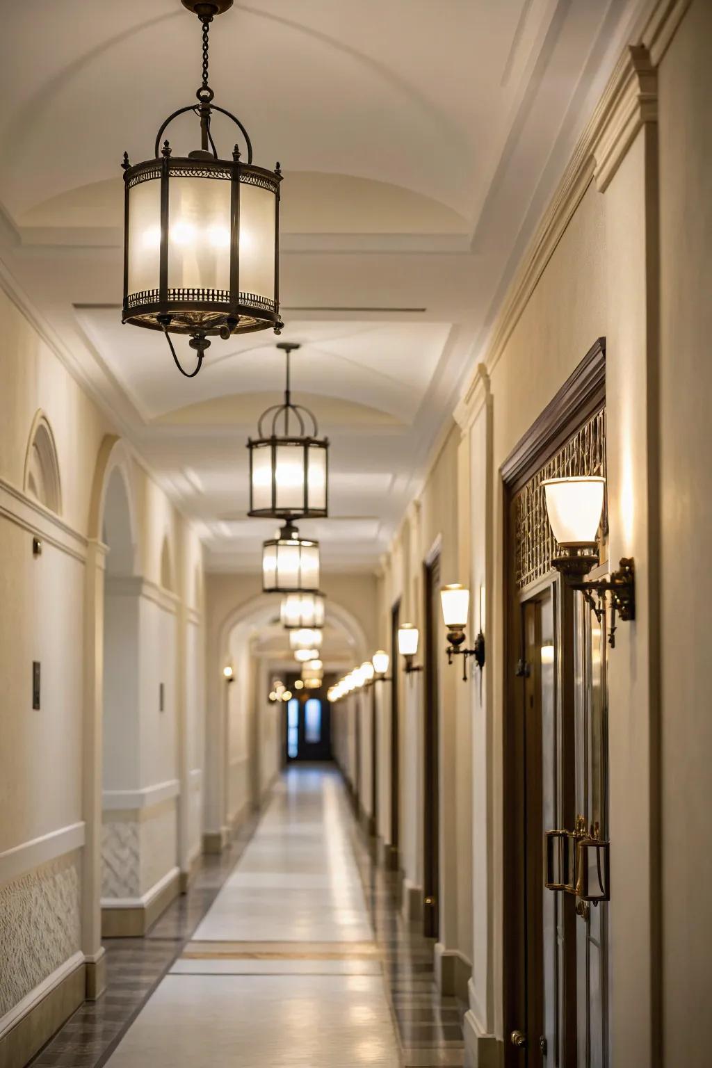 Coordinated fixtures enable a harmonious hallway.