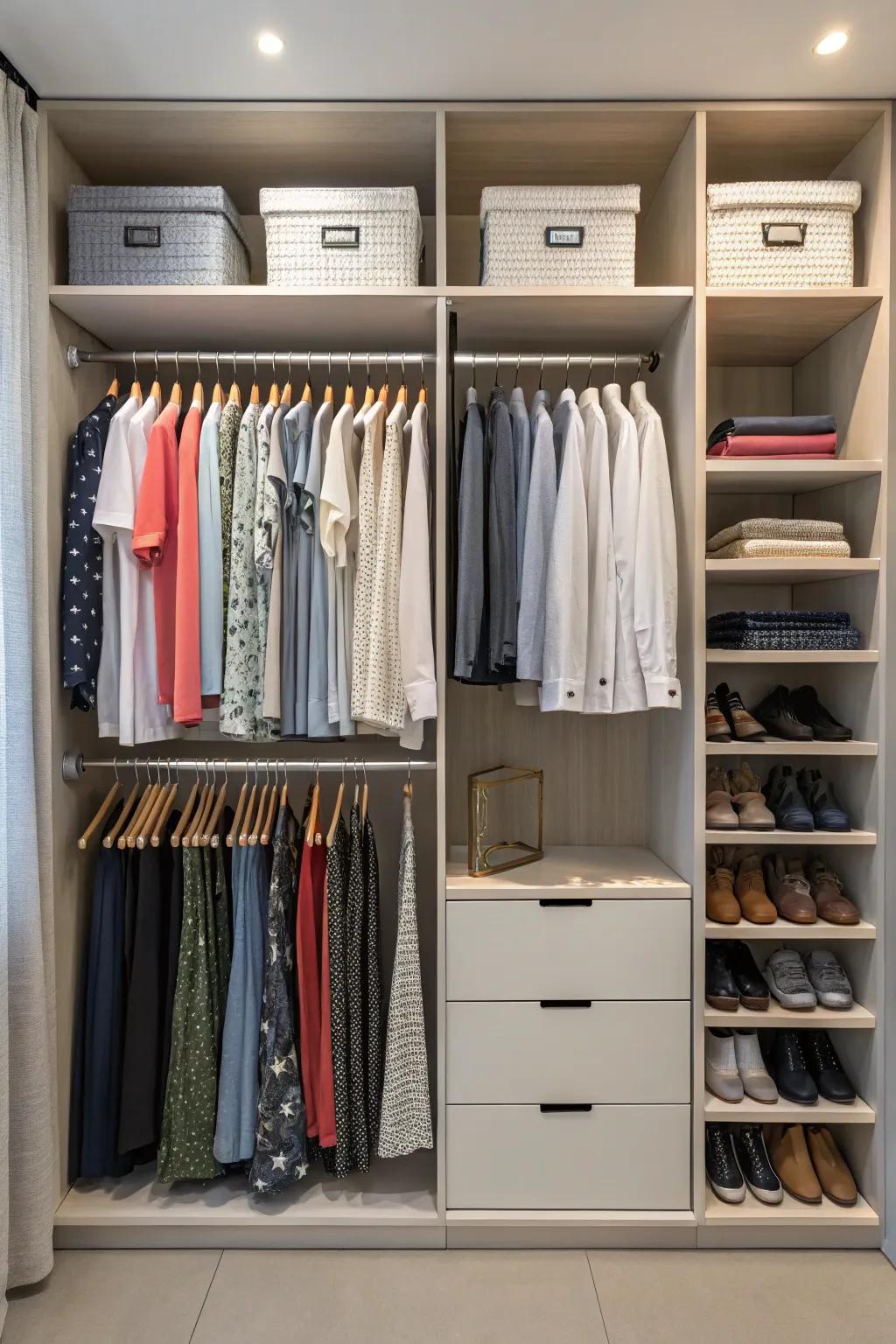 Achieve wardrobe zen through dividers for clothing that hang.