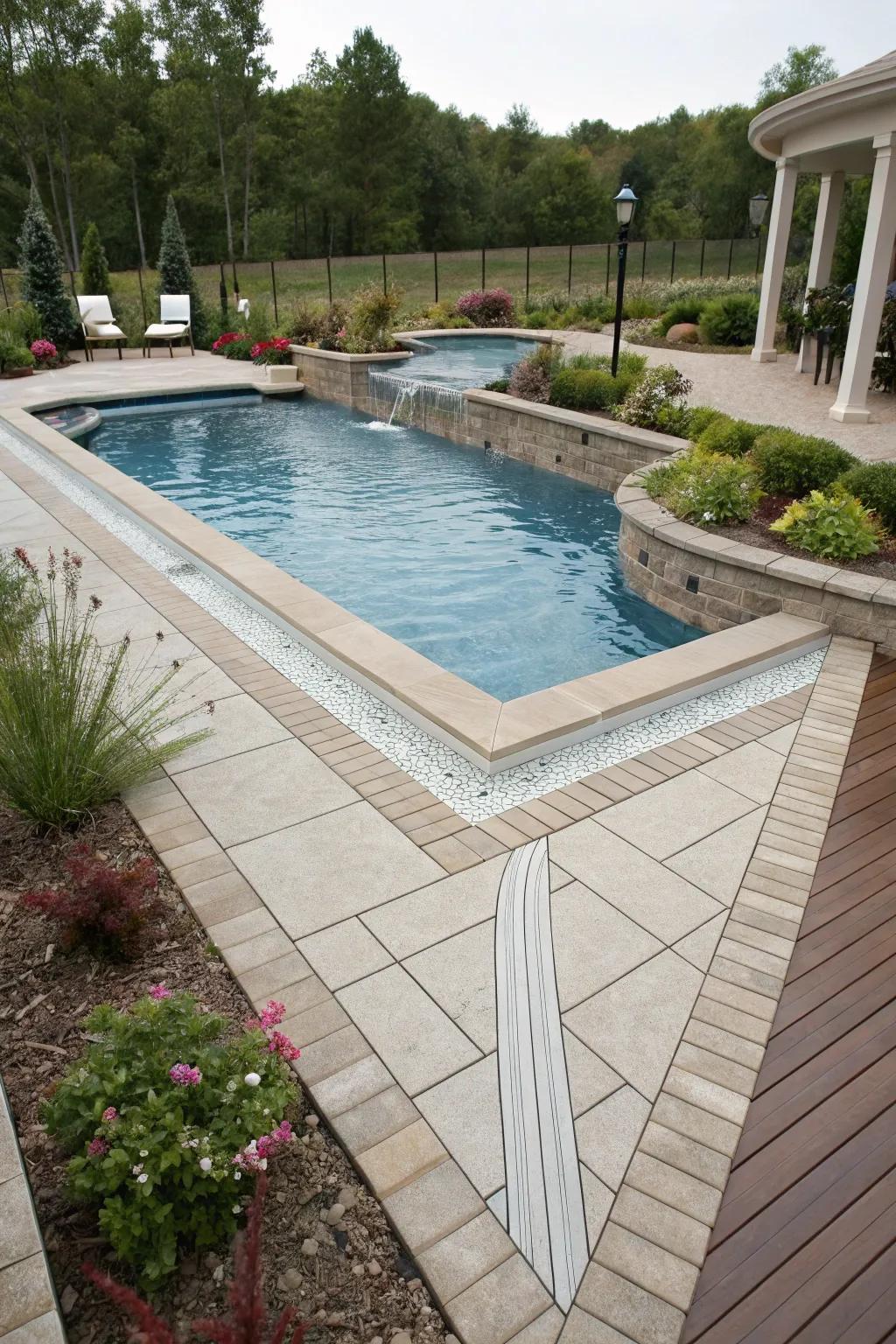 V-shaped grades enhance drainage efficiency on the pool deck.