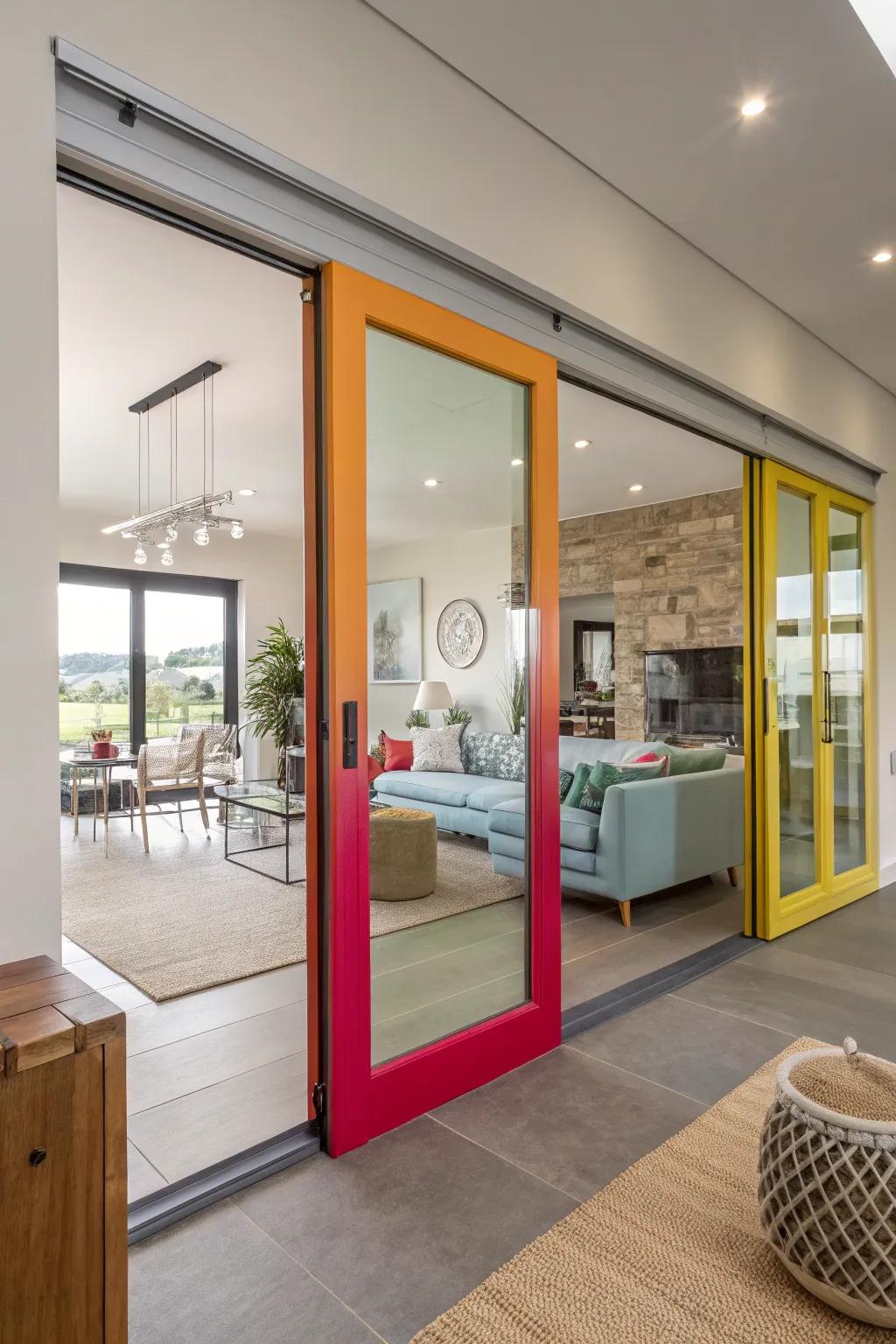 Vibrant glass panels bring color and life to sliding doors.