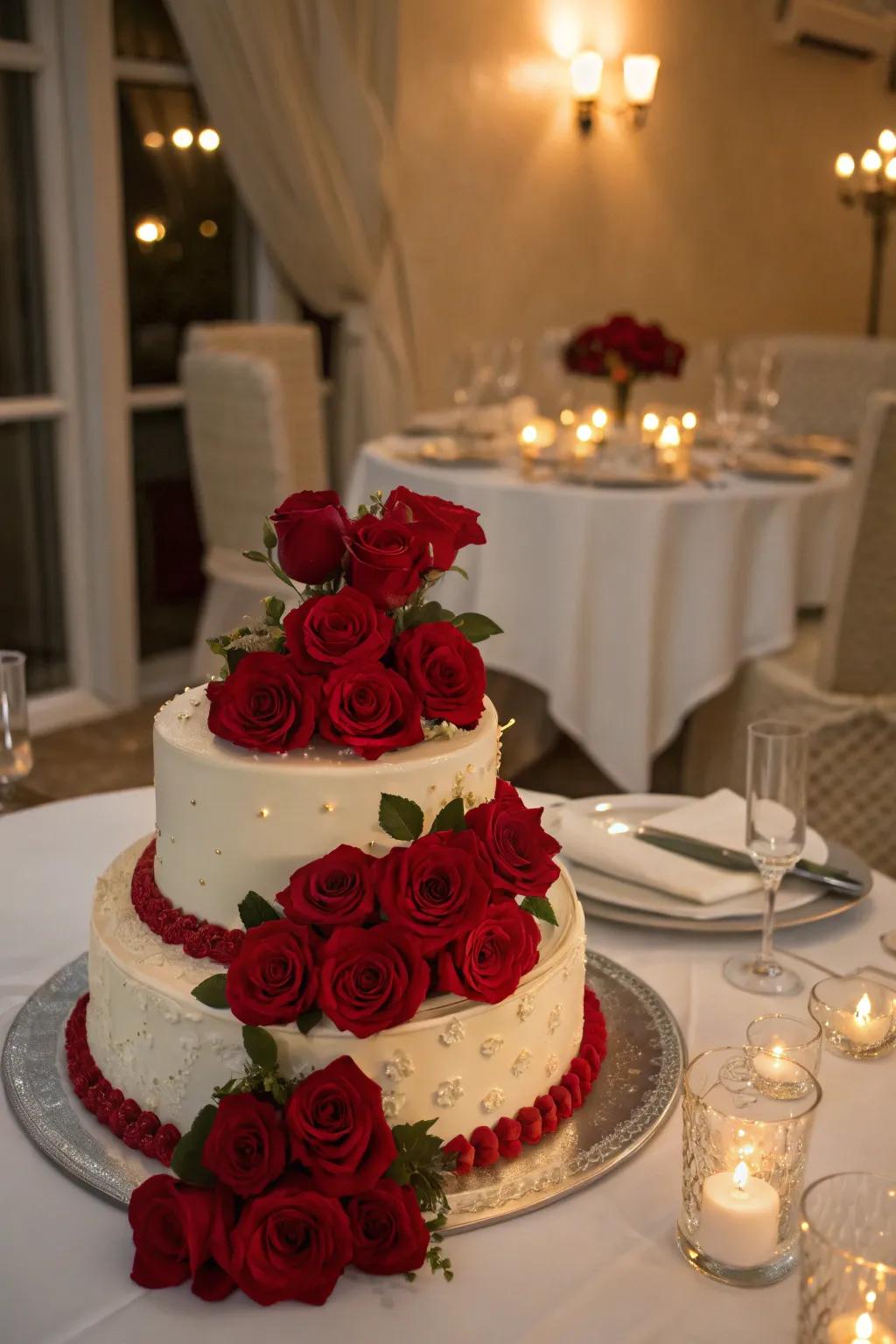 Scarlet blooms inject an element of romance and drama into this Hollywood-themed cake.