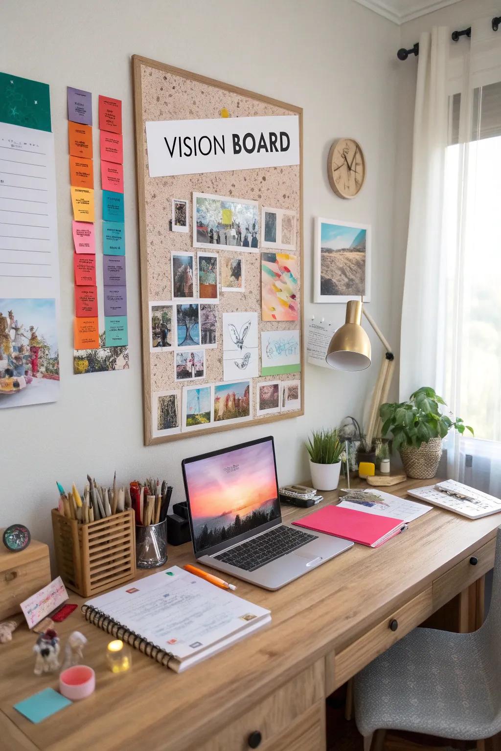 A vision board offers daily inspiration and motivation within a home office.