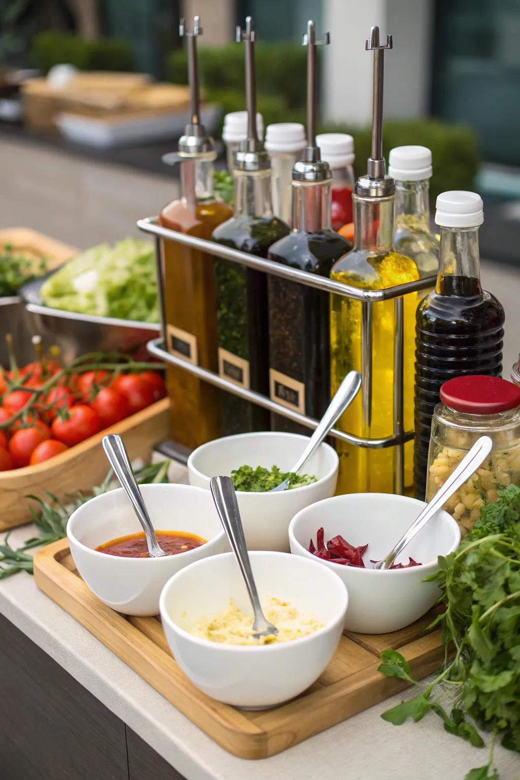 An engaging salad dressing corner for personalized essences.