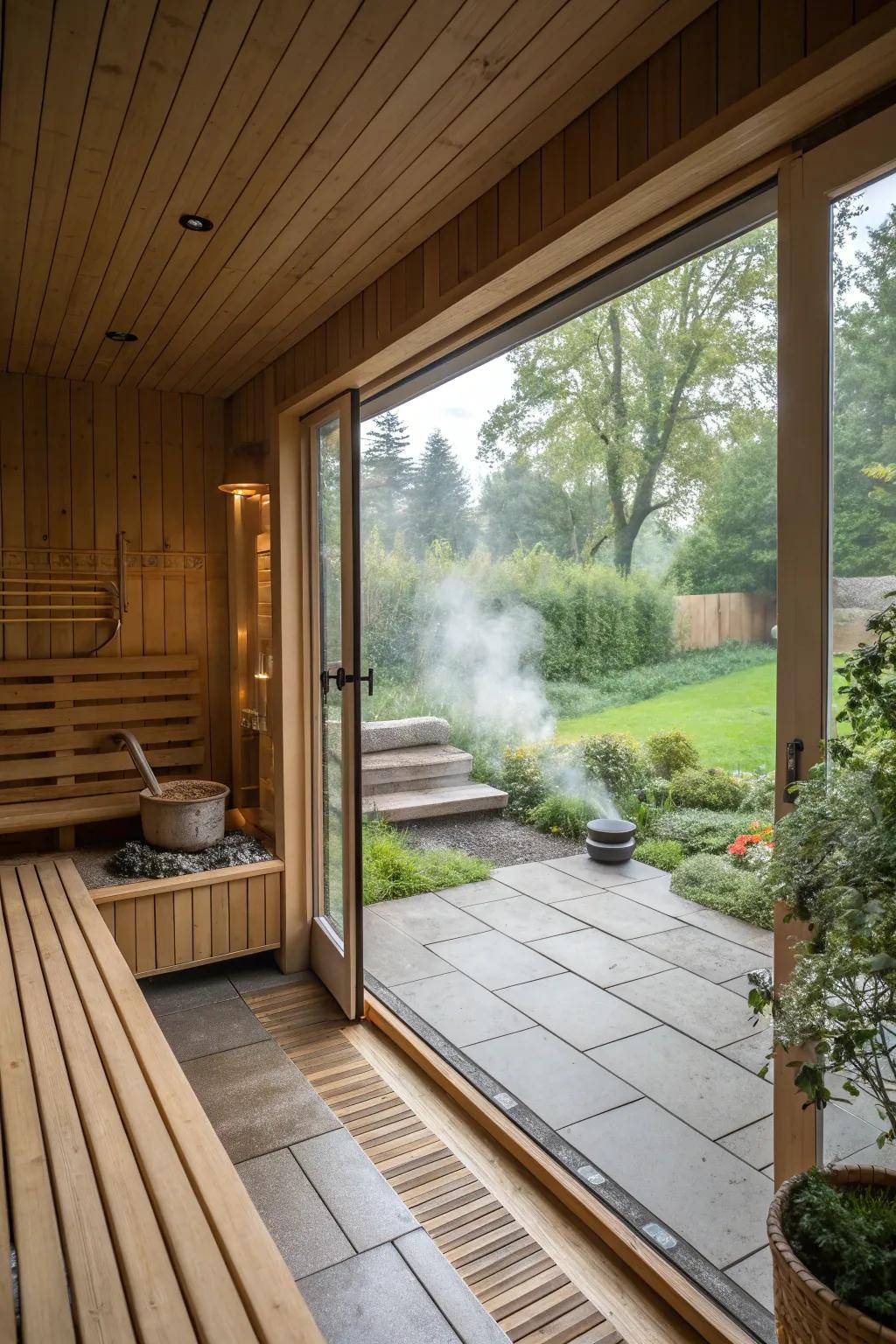 An indoor-outdoor shift refines the raw feel of this sauna.