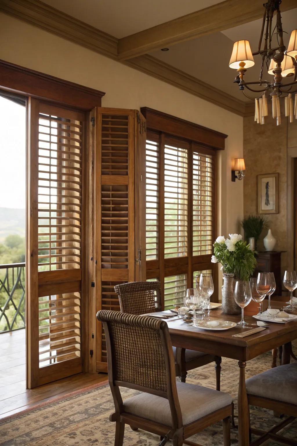 Sculpted wood covers provide a timeless approach to light management and privacy.