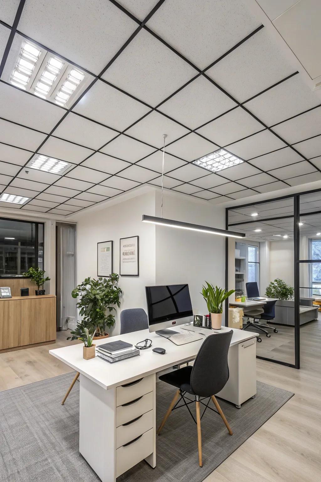 A contemporary home office featuring floating roof panels.