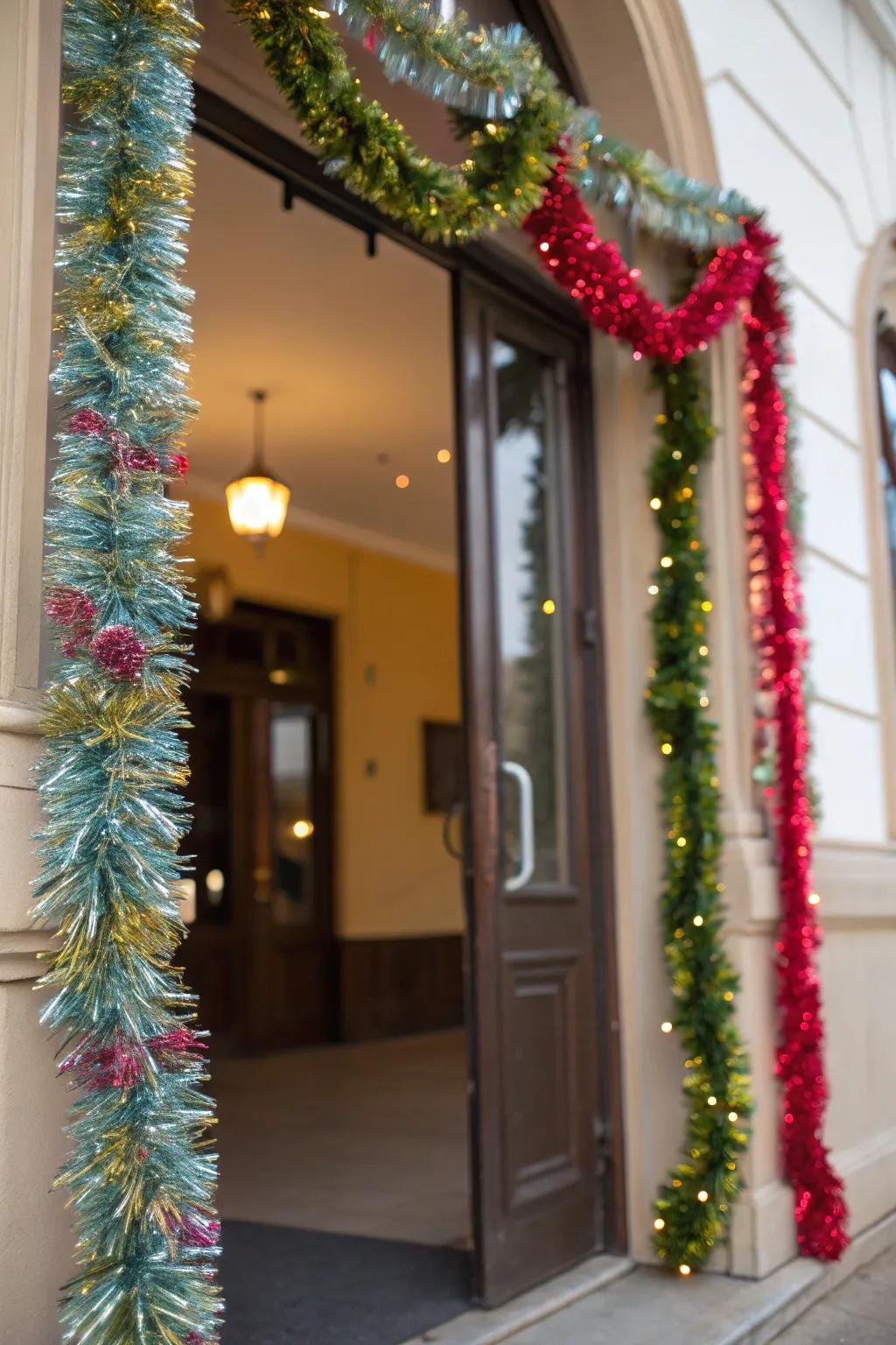 An entrance adorned with cascading shimmer strands festoons.