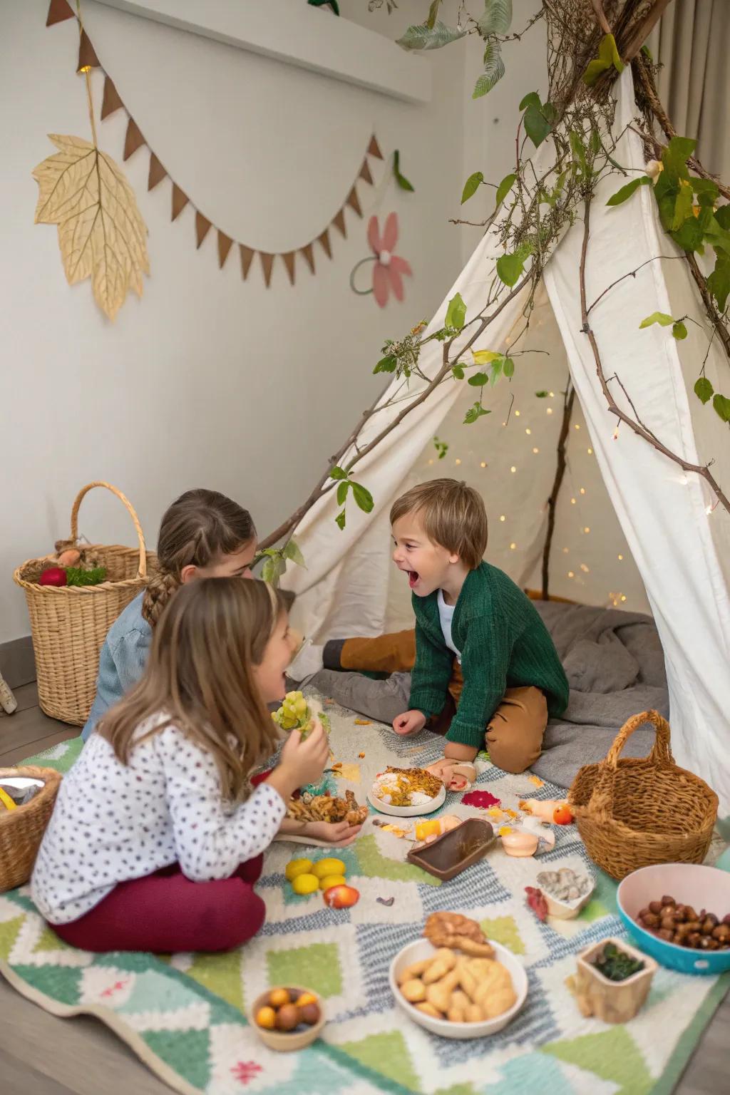 An indoor picnic brings the comfort of home together with the adventure of the great outdoors.