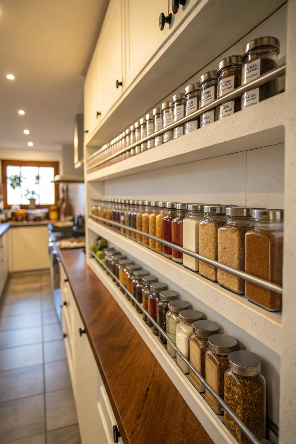 Slim shelves minimize clutter and maximize organization.