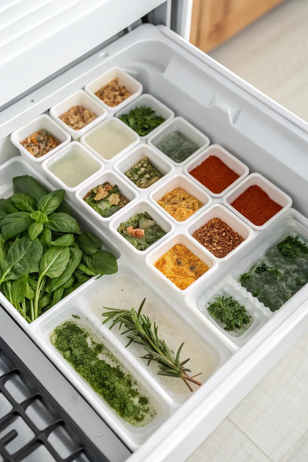 Herbs and spices stored in ice cube trays for convenience.