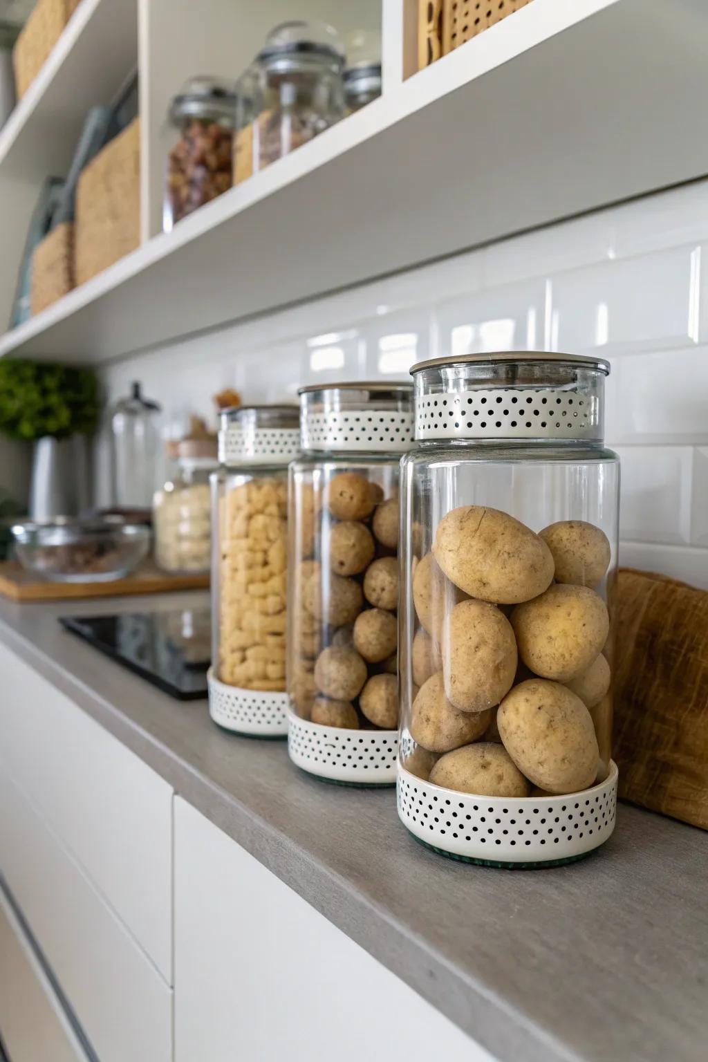 Sleek and orderly potato arrangement showcased through contemporary glass containers.