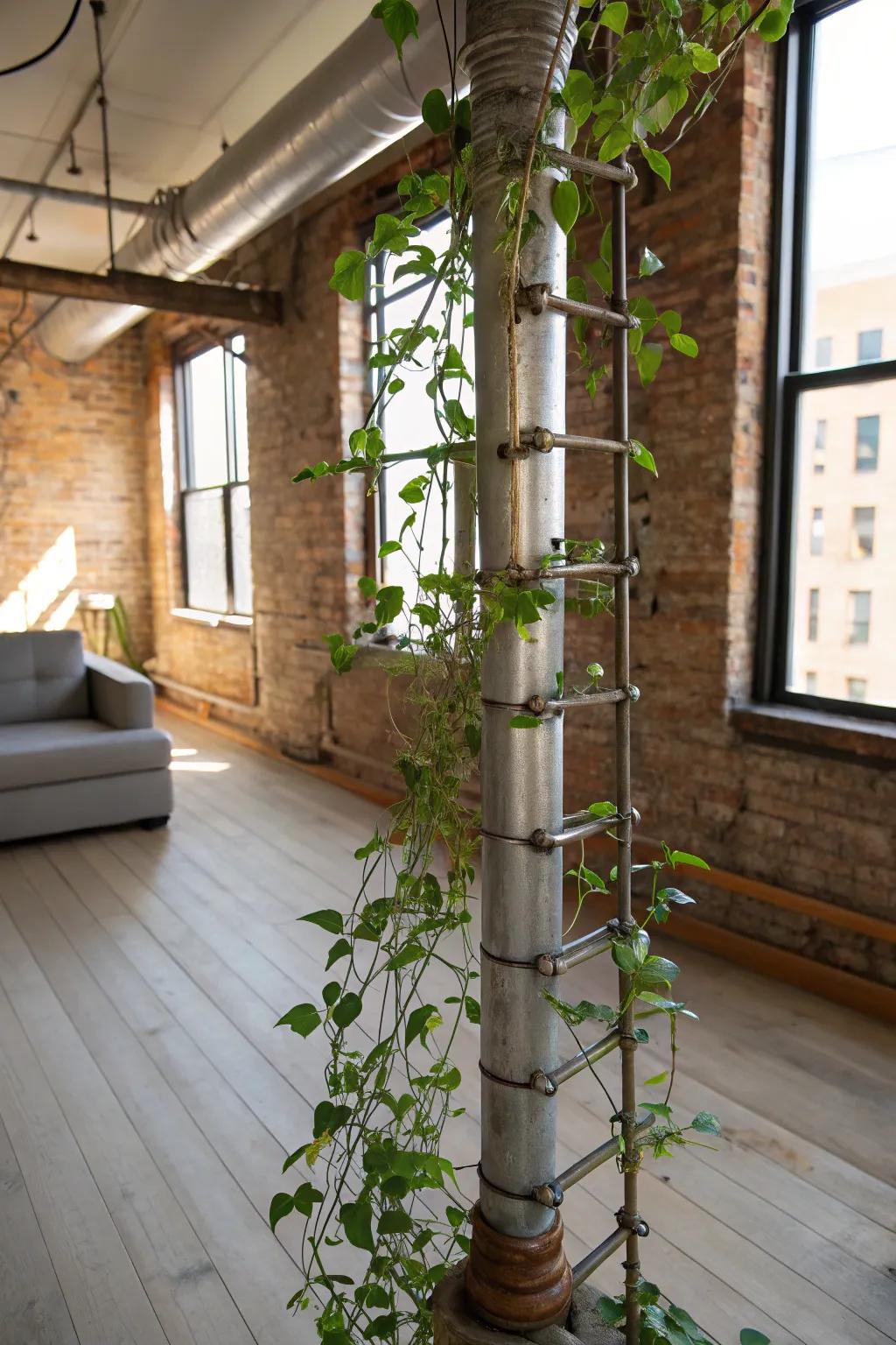 A loft-style living space featuring a Hoya on an industrial pipe climbing frame.