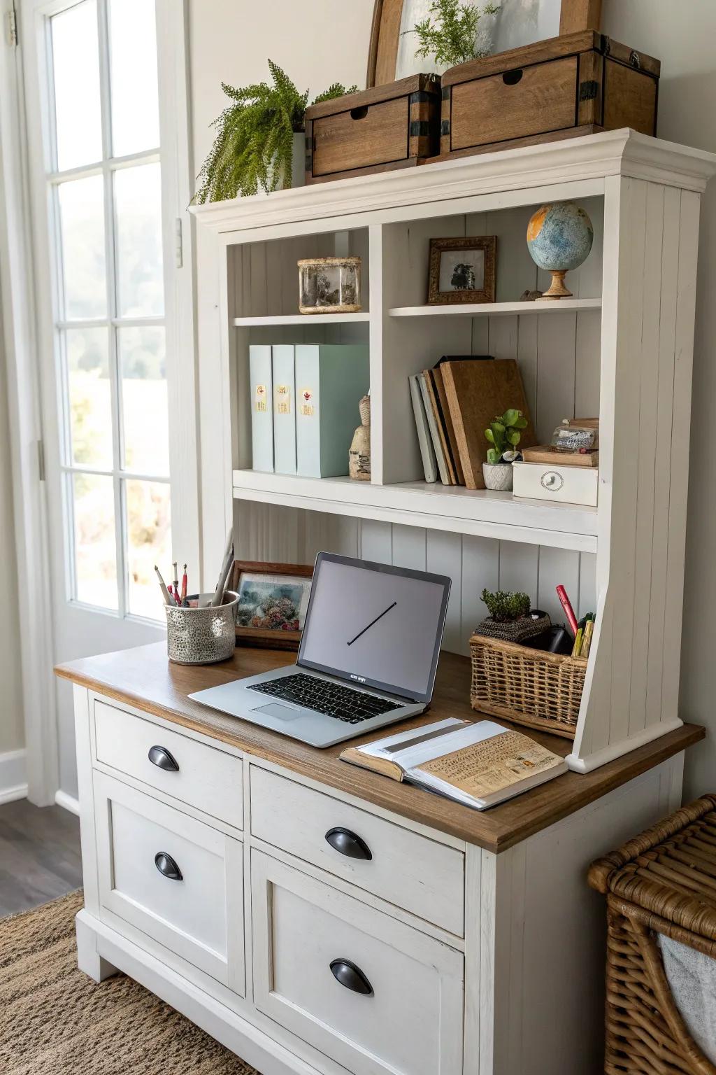 Enhance your productivity through a cupboard top office hub.