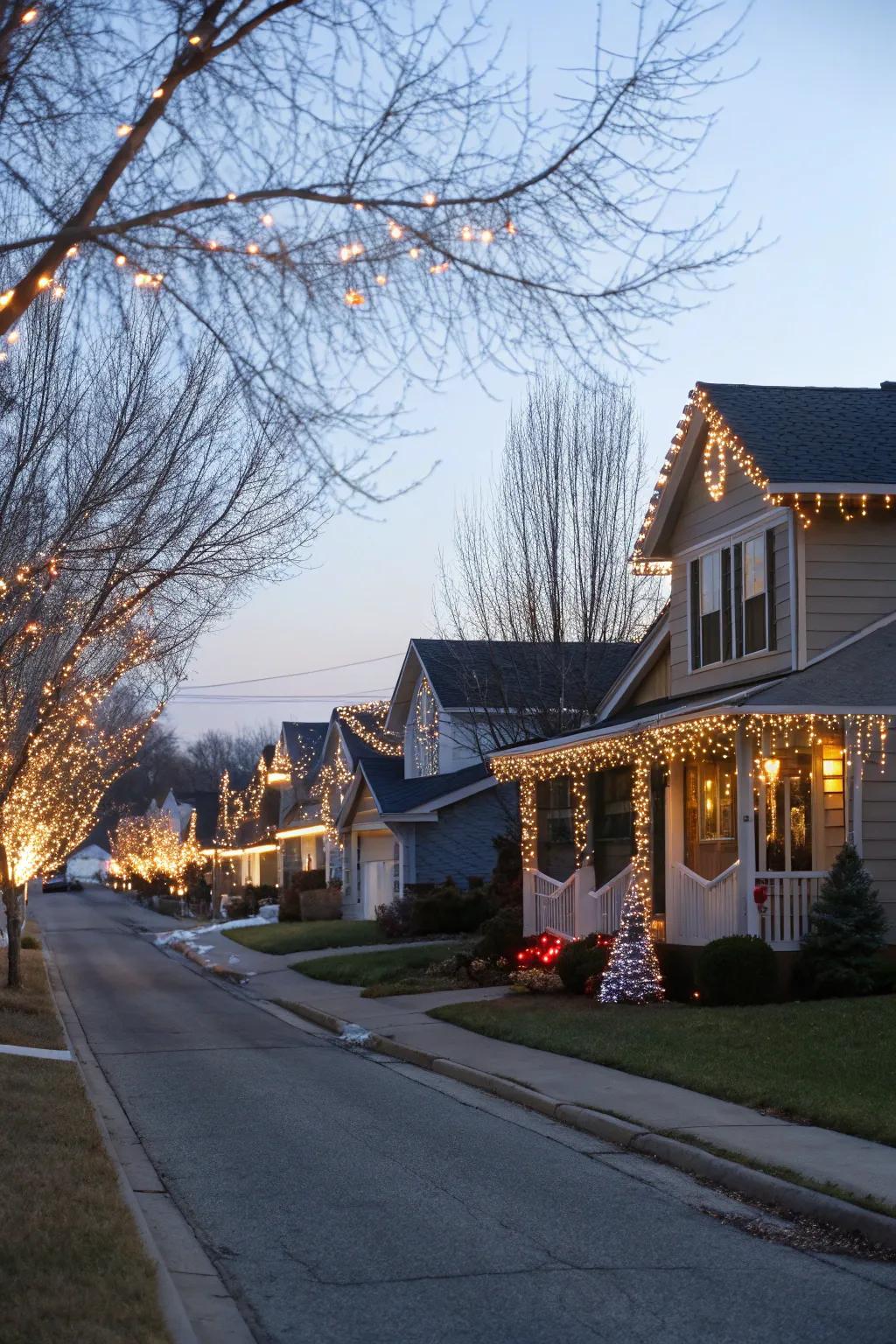 A neighborhood transformed into a cohesive winter wonderland with dazzle lights.
