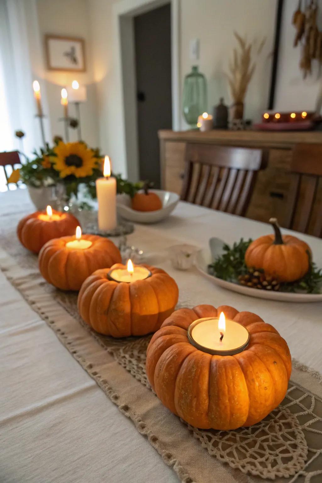 Pumpkin light retainers yielding a balmy and snug ambiance.
