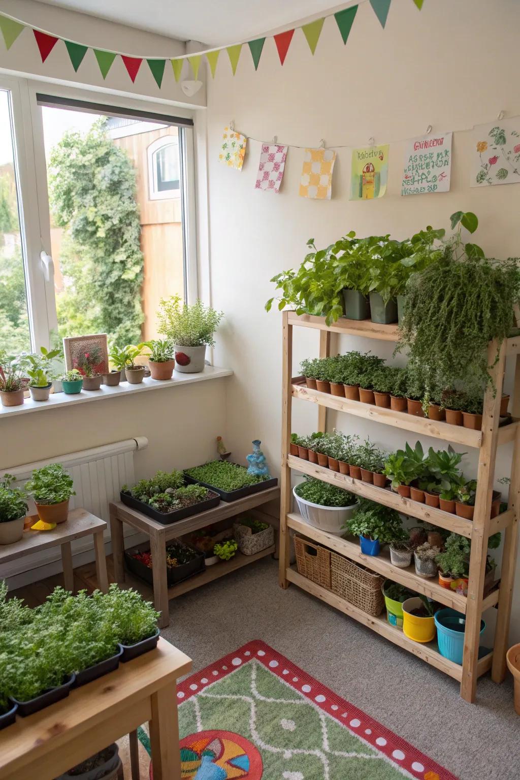 An interior garden corner connects children with nature indoors.