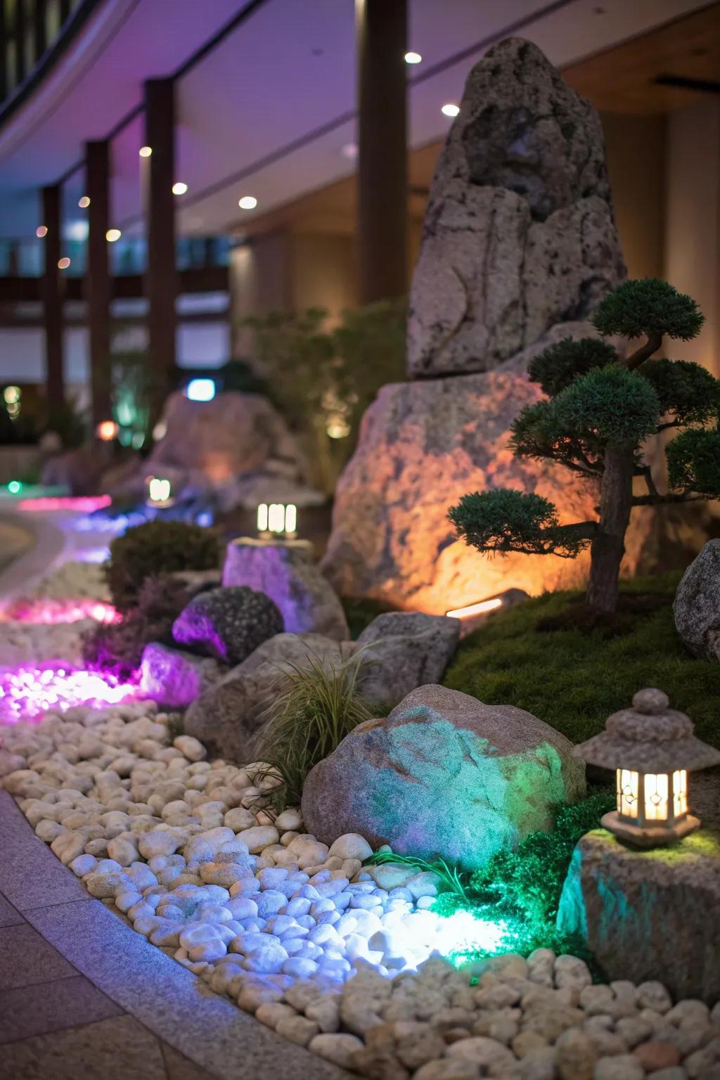An illuminated rock garden sparkles with enchanting nocturnal charm.