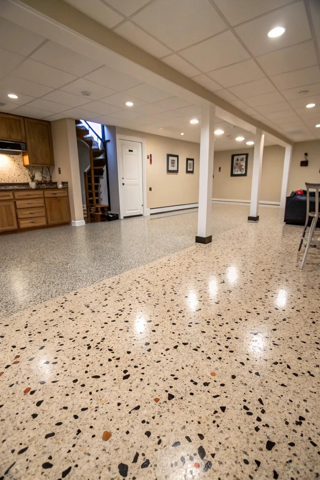 Terrazzo-look vinyl combines classic style with modern practicality.