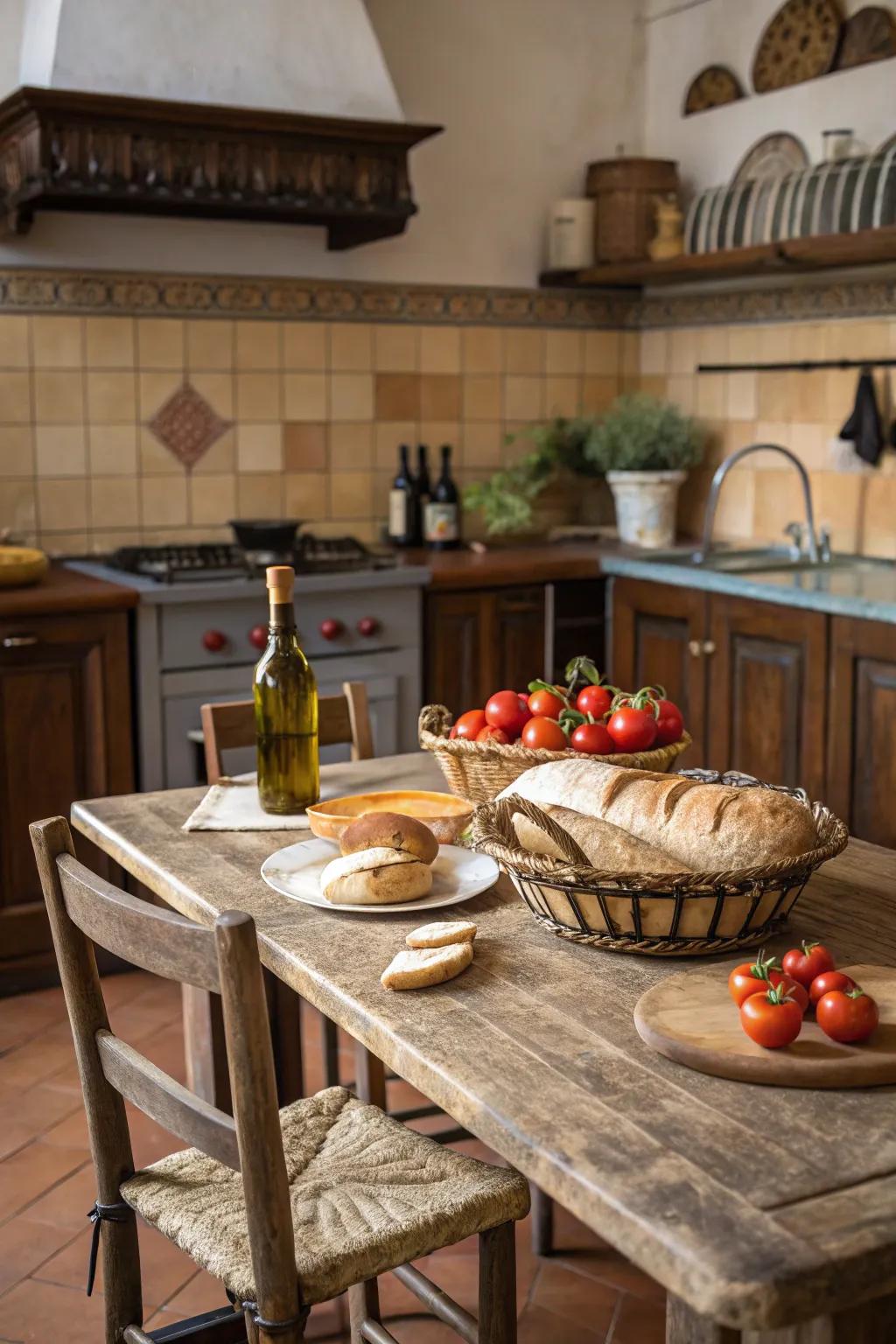 An eye-catching country table becomes the heart of the kitchen.