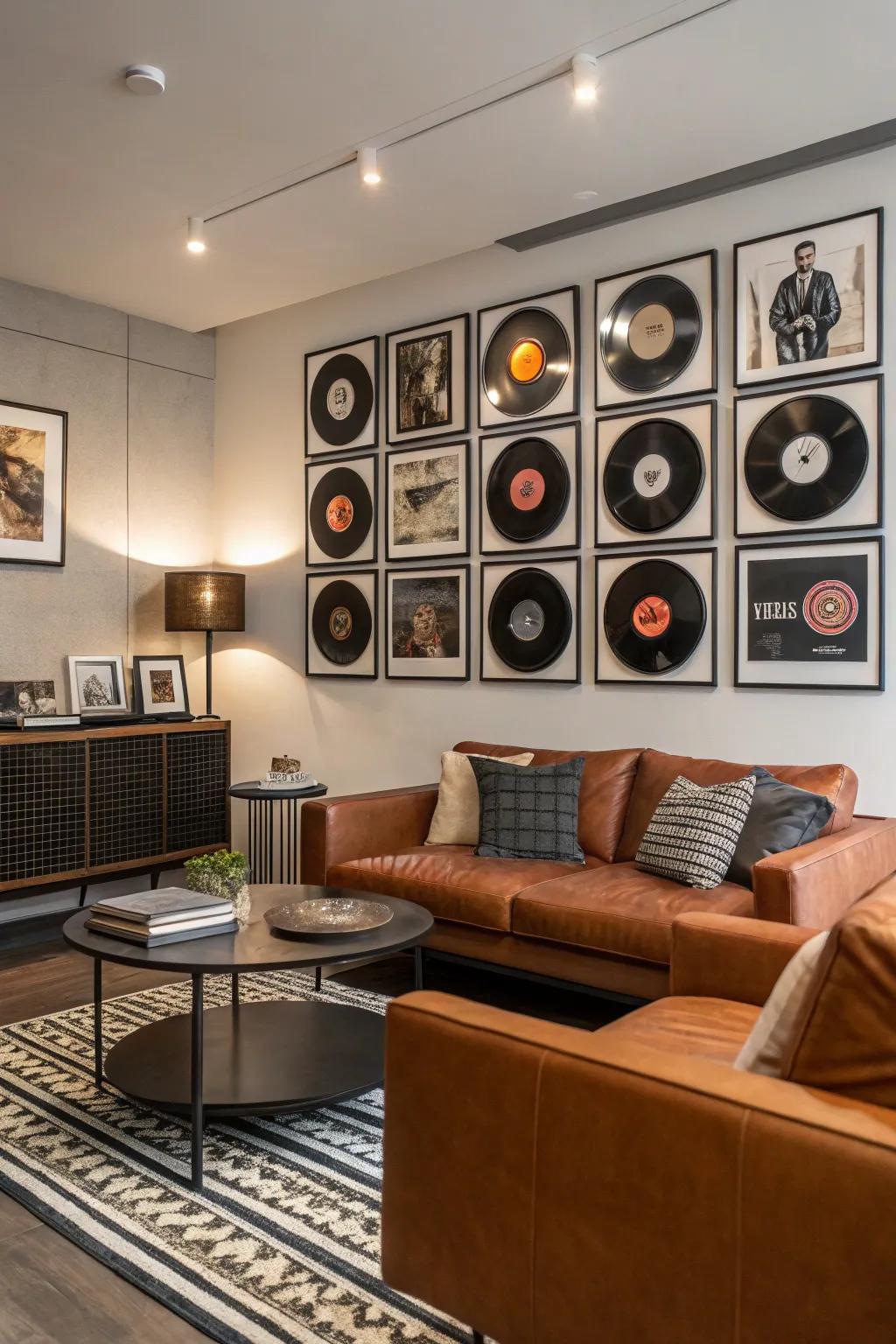Jazz albums as wall art add a personal and creative feel.