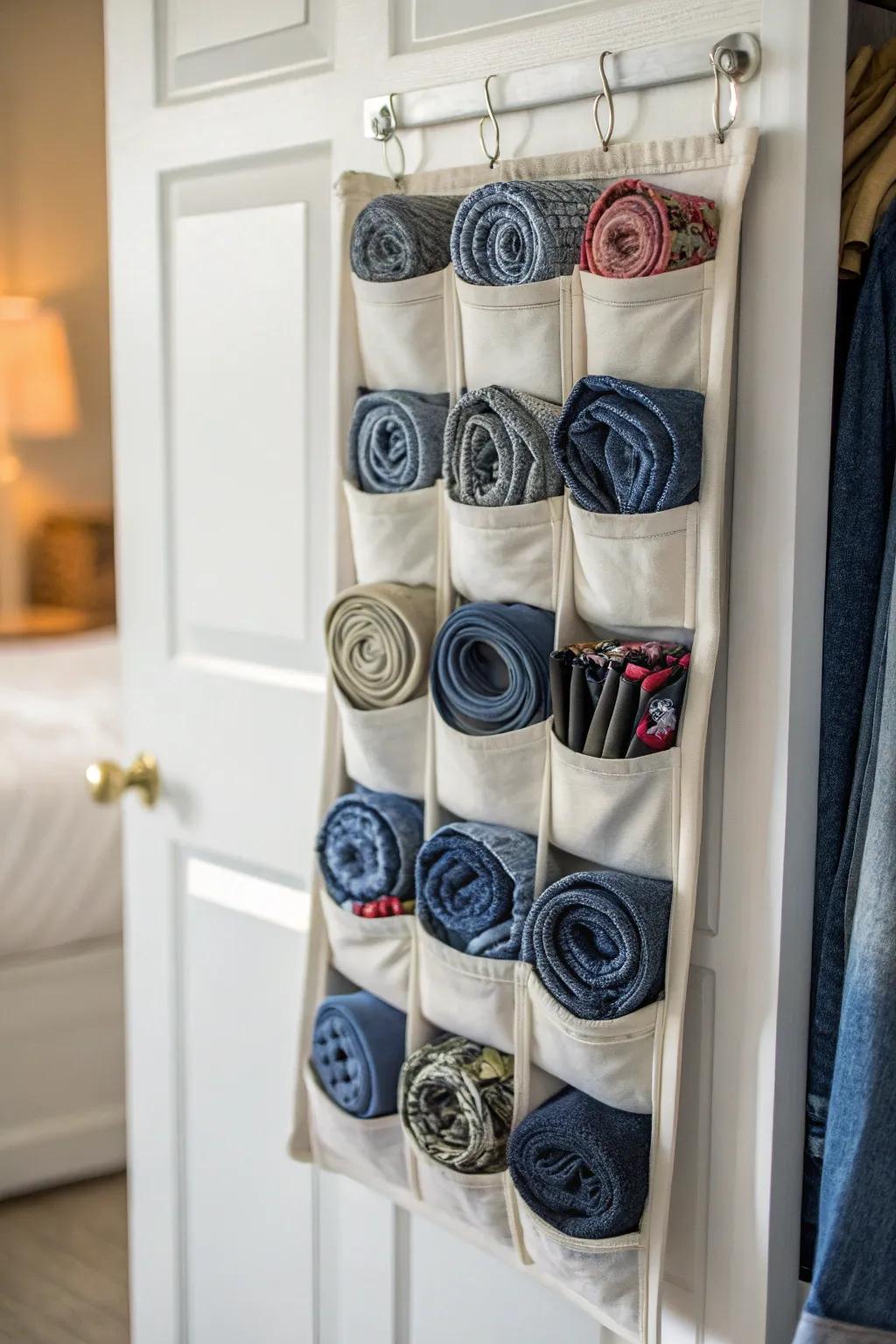 Over-the-door storage pouches supply a space-efficient jeans storage solution.