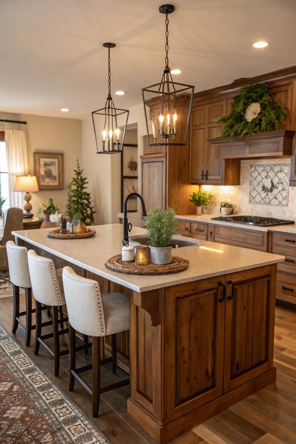 A warm and inviting kitchen island featuring rich wood tones.