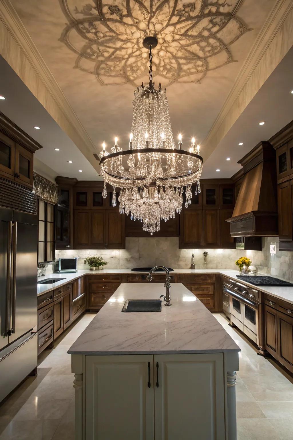 An artistic chandelier serves as the dramatic focal point in this kitchen.