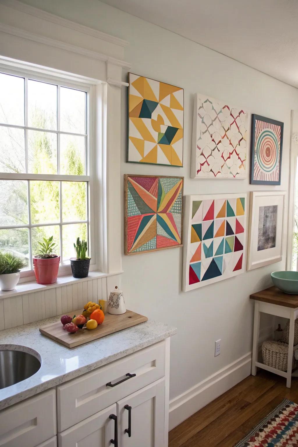 A kitchen wall highlighting geometric art, providing a stylish allure.