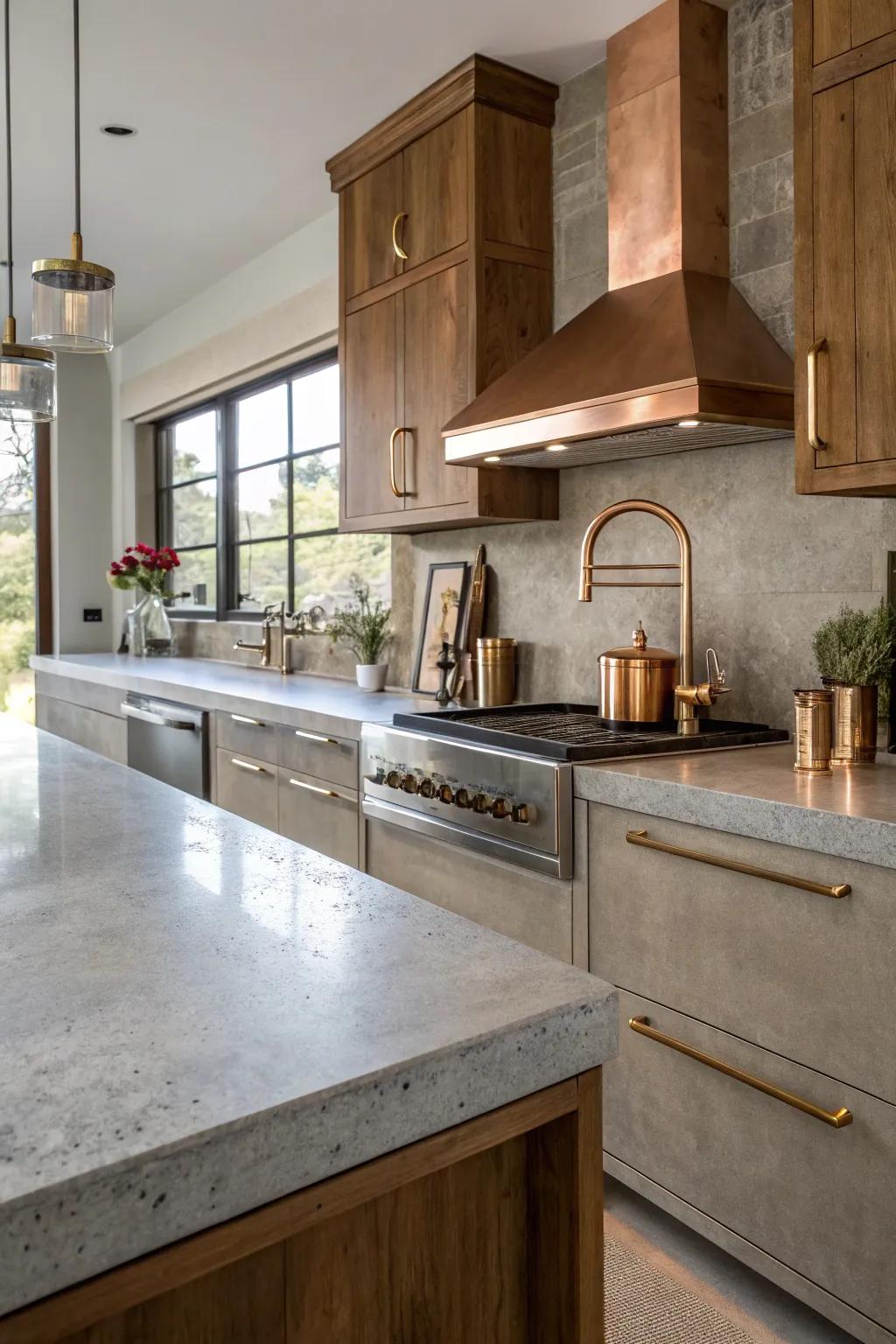 A luxurious kitchen with concrete worktops and metallic accents.