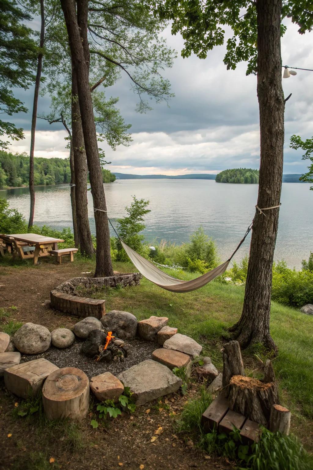 A resting zone by the fire pit offers a peaceful escape by the lake.