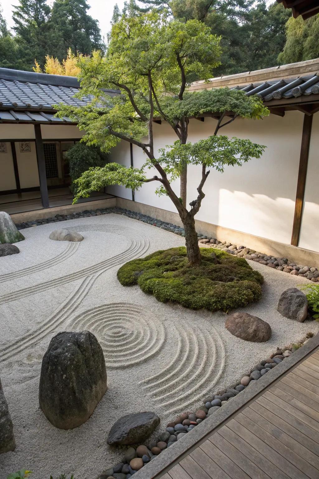 A Meditation garden extends a placid, contemplative landscape encircling trees.