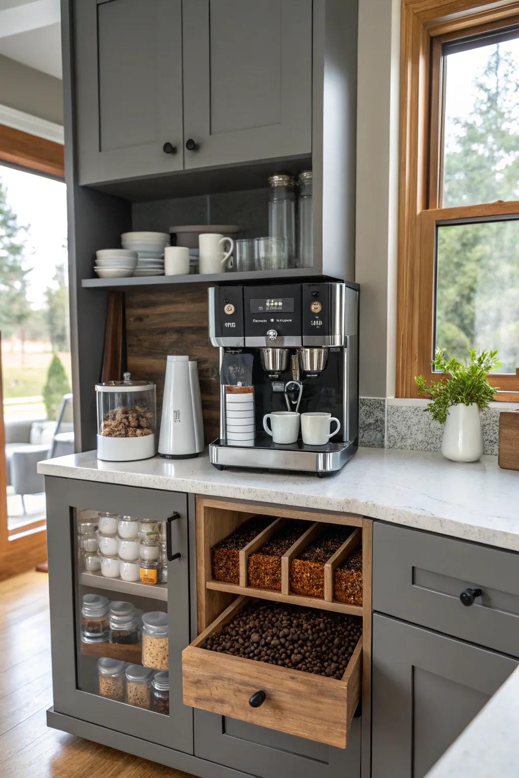 A kitchen with a convenient coffee bar.
