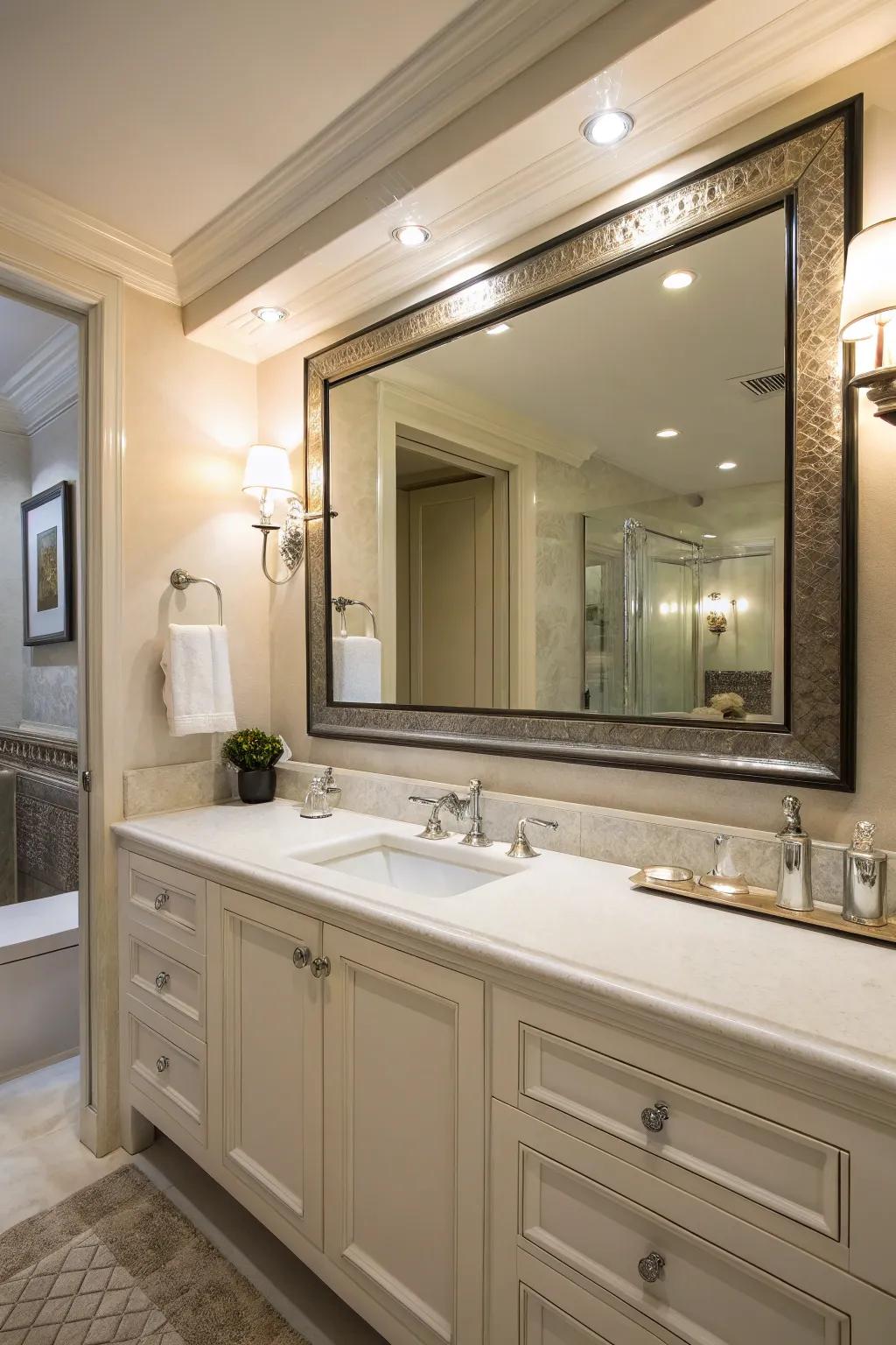 An elegant bathroom mirror adds a touch of glamour to daily routines.