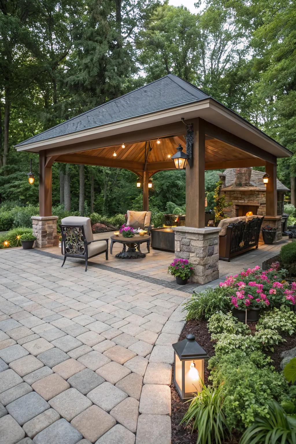 A sheltered area adds adaptability to this patio.