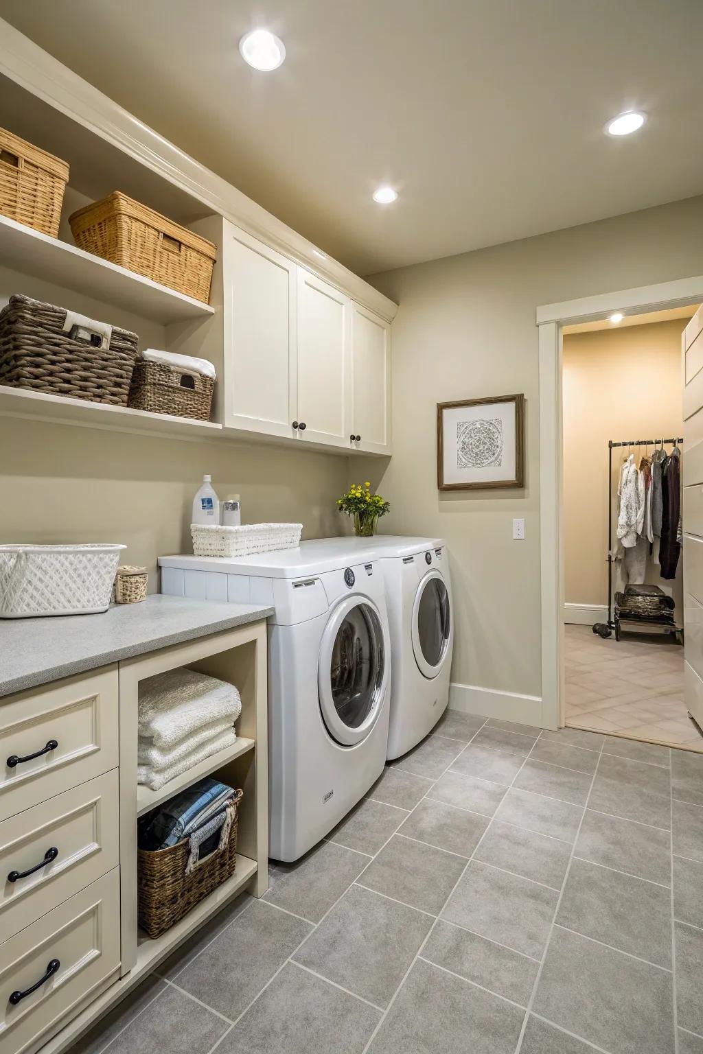 Neutral colors create a serene and welcoming laundry space.