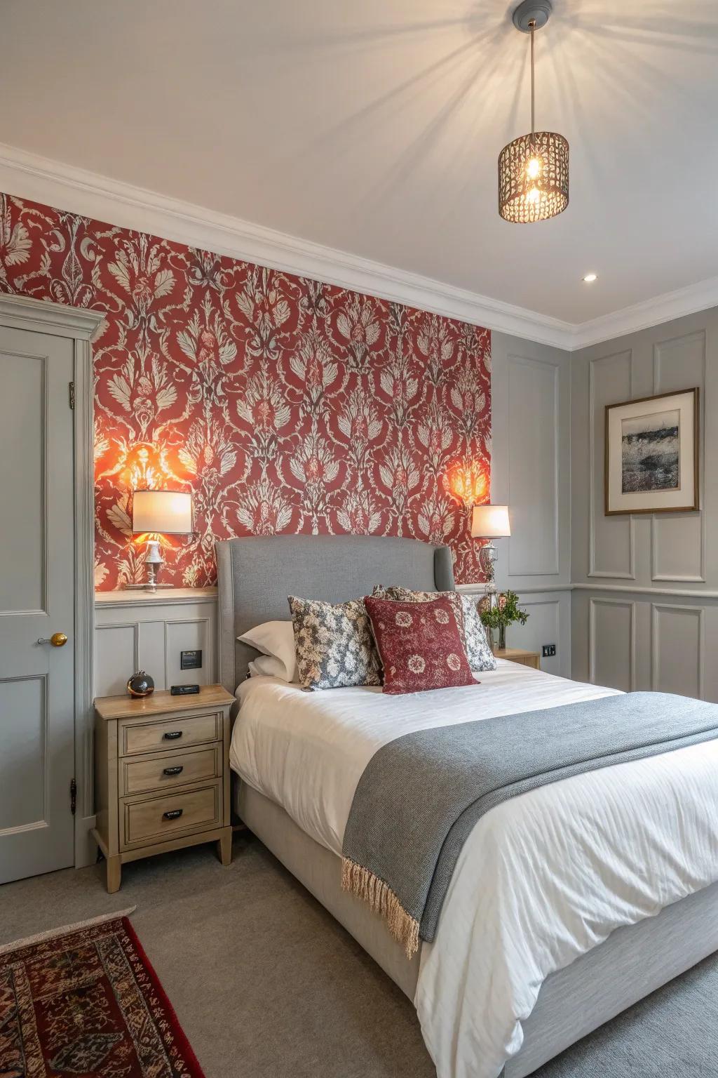 Patterns add whimsy to a grey sleeping space.